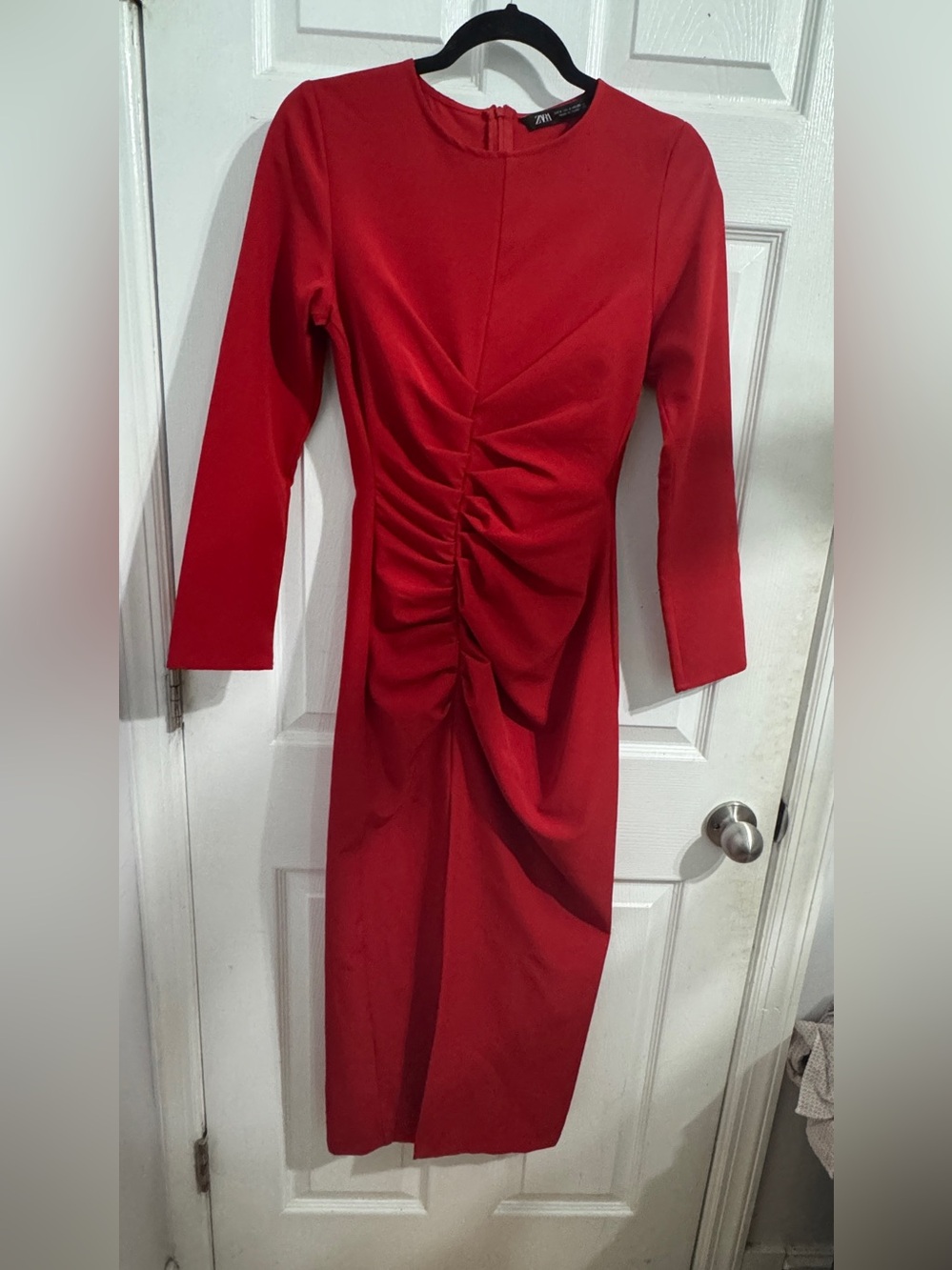 Zara Red Ruched Long Sleeve Midi Dress